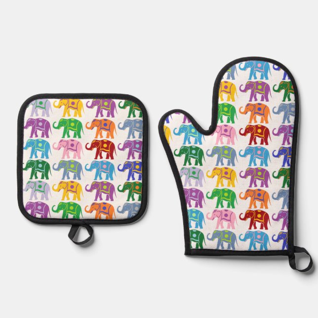 Colourful Decorative Elephants Pattern Oven Mitt & Pot Holder Set (Front)