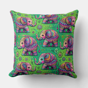 Colourful Decorative Elephants with Floral Pattern Cushion