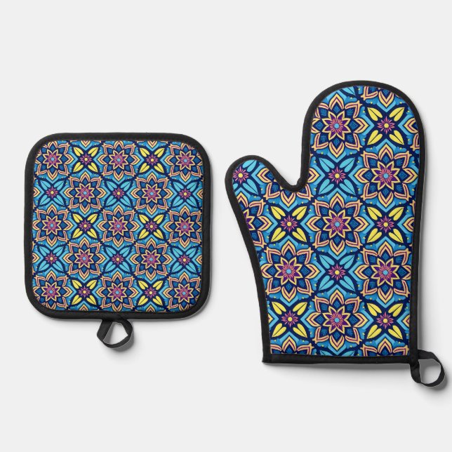 Colourful Decorative Floral Pattern Oven Mitt & Pot Holder Set (Front)