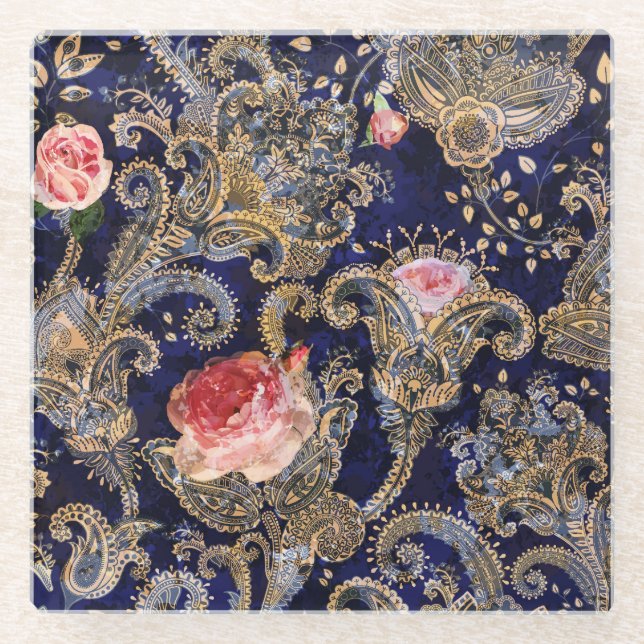 Colourful Decorative Flowers Batik Glass Coaster (Front)