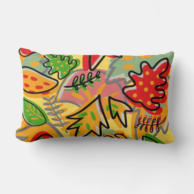 Colourful decorative leaf graphic drawing colourfu lumbar cushion (Front)
