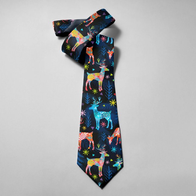 Colourful Deer Chrismas Tree Forest Star Snowflake Tie (Creator Uploaded)