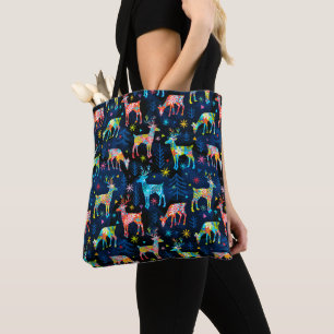 Colourful Deer Chrismas Tree Forest Star Snowflake Tote Bag