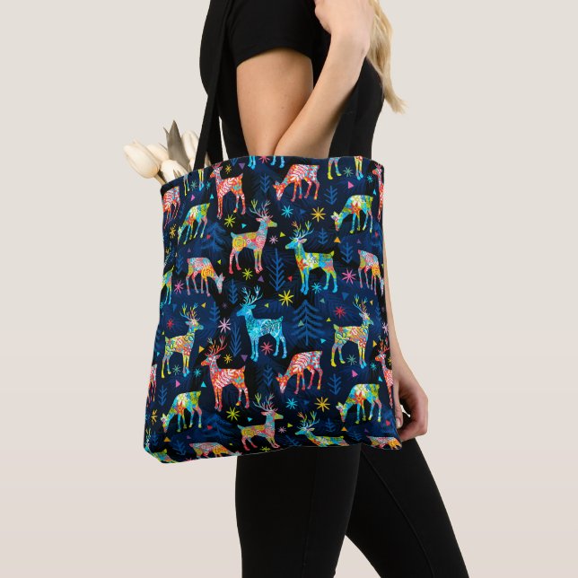 Colourful Deer Chrismas Tree Forest Star Snowflake Tote Bag (Close Up)