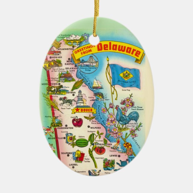 Colourful Delaware Map  Ceramic Tree Decoration (Front)