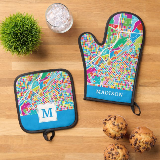 Colourful Denver Map Oven Mitt & Pot Holder Set (Top Down)