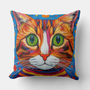 Colourful depiction of a cat's face cushion