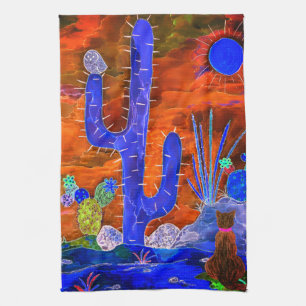 Colourful Desert Cactus Cat Kitchen Towel