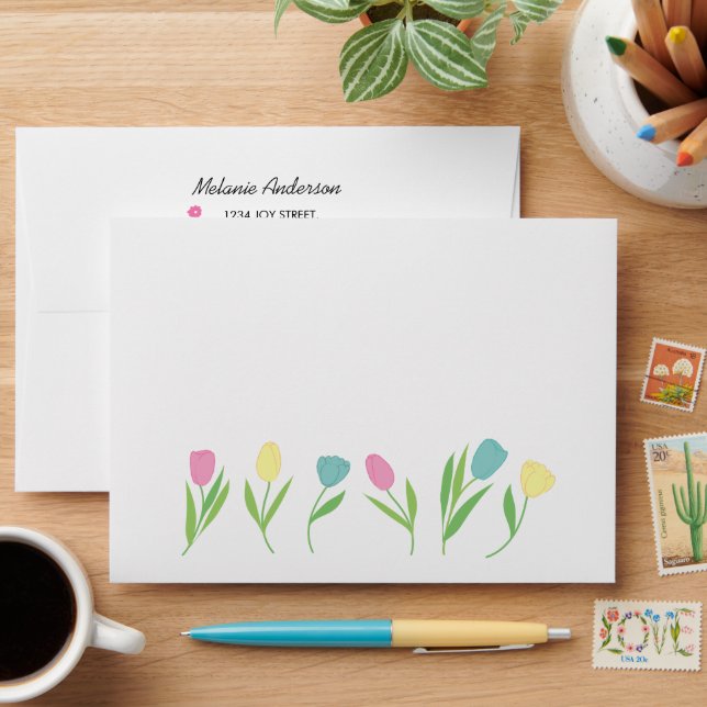 Colourful design with illustrated tulips envelope (Desk)