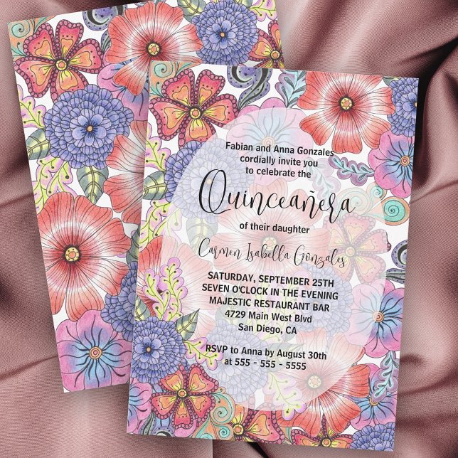 Colourful Detailed Flowers and Leaves Quinceañera Invitation (Creator Uploaded)