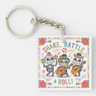 Colourful Día de los Muertos Fiesta Skeleton Band Key Ring