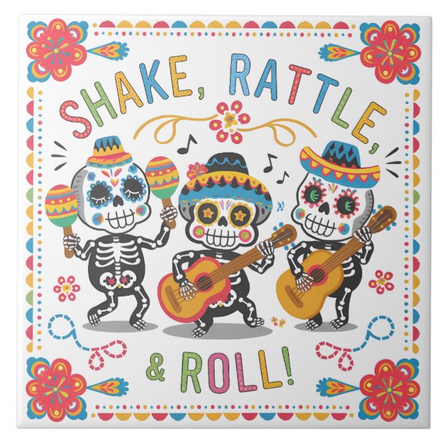 Colourful Día de los Muertos Fiesta Skeleton Band Tile (Front)