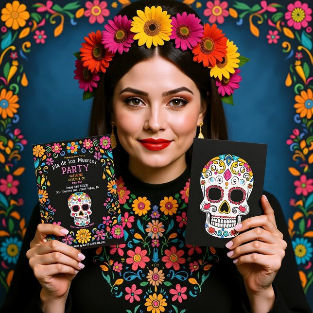 💀🎉 Colourful Día de Muertos Party Invitation (💀🎉 Colorful Día de Muertos Party Invitation, custom text)