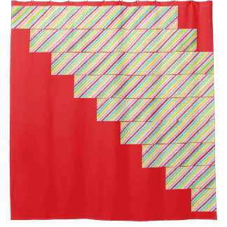 Colourful Diagonal Pinstripes on Red Shower Curtai Curtain
