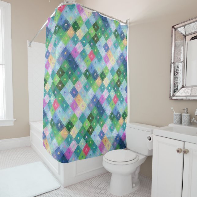Colourful Diamond squares pattern Shower Curtain (In Situ)