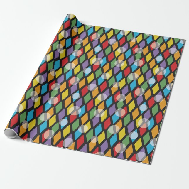 Colourful Diamonds and Transparent Dots on Black Wrapping Paper (Unrolled)