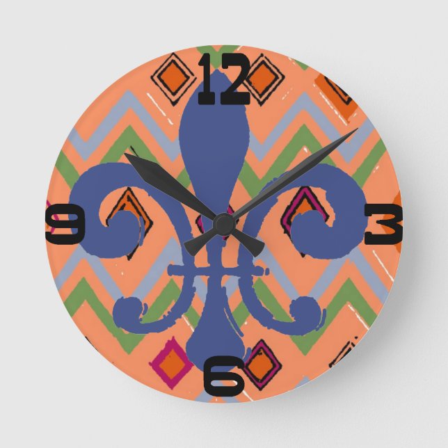 Colourful Diamonds Blue Fleur De Lis Round Clock (Front)
