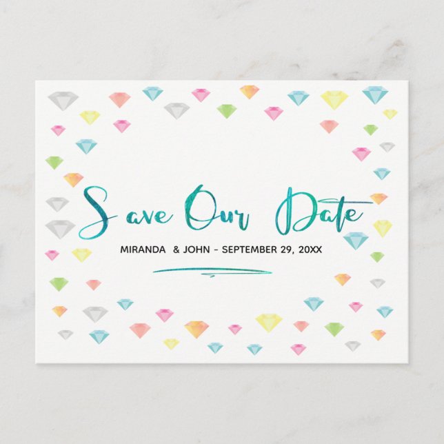 Colourful  diamonds confetti wedding  Save Our Dat Announcement Postcard (Front)