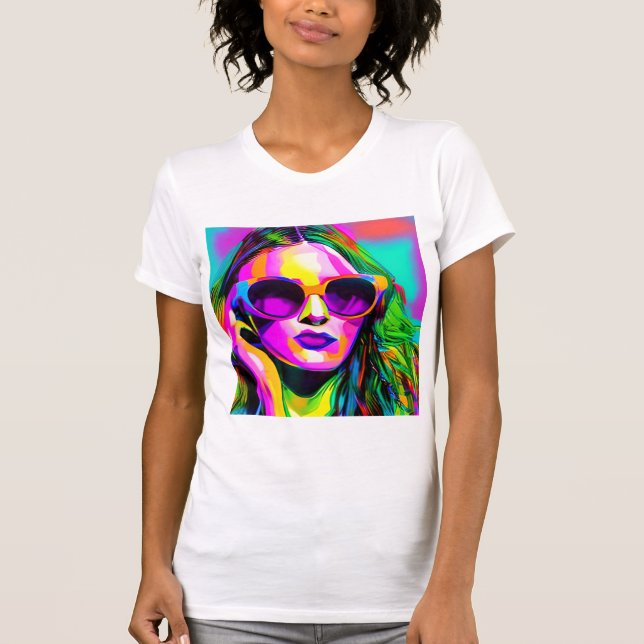 Colourful Digital Art Pretty Lady in Sunglasses T-Shirt (Front)