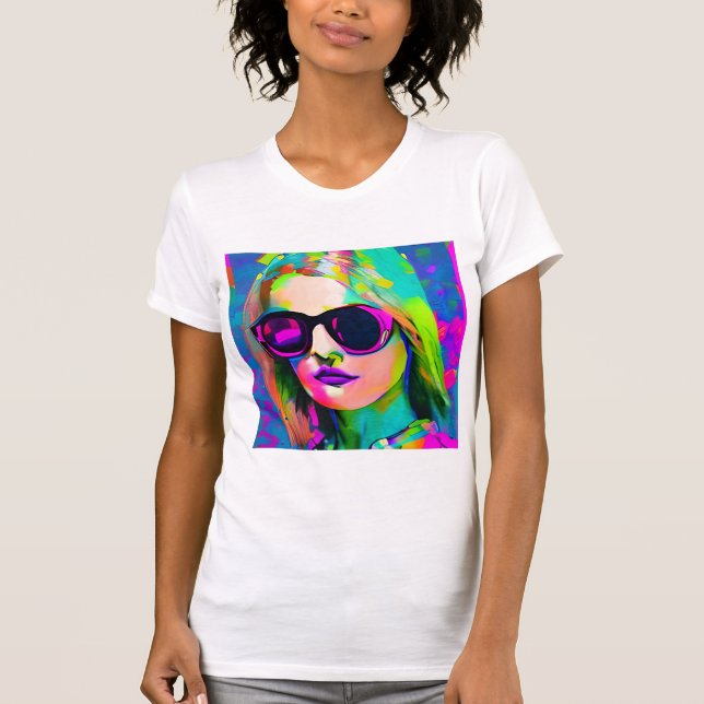 Colourful Digital Art Pretty Lady in Sunglasses T-Shirt (Front)