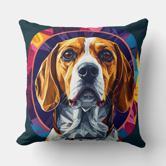 Colourful Digital Artwork of a Beagle Dog Cushion (Front)