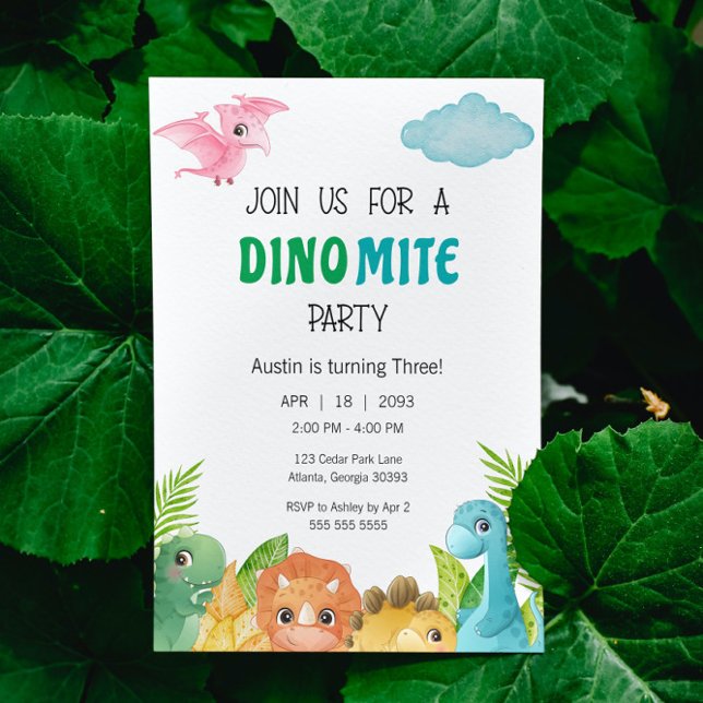 Colourful Dino Mite Dinosaur Birthday Invitation (Dinosaur Birthday Party Invitation)