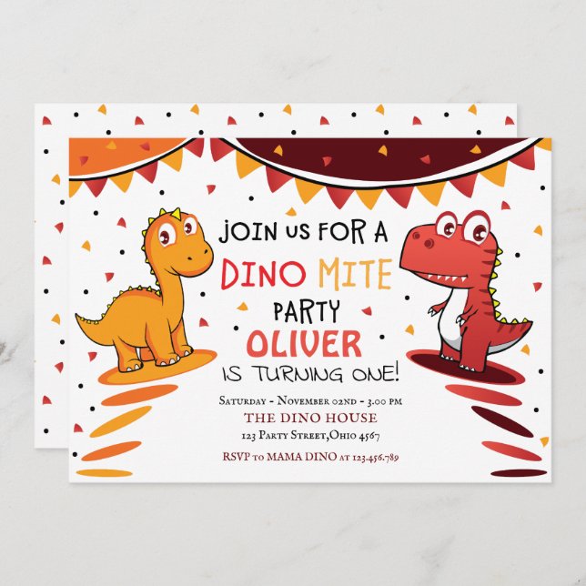 Colourful Dinomite Dinosaur Birthday Party Invitation (Front/Back)