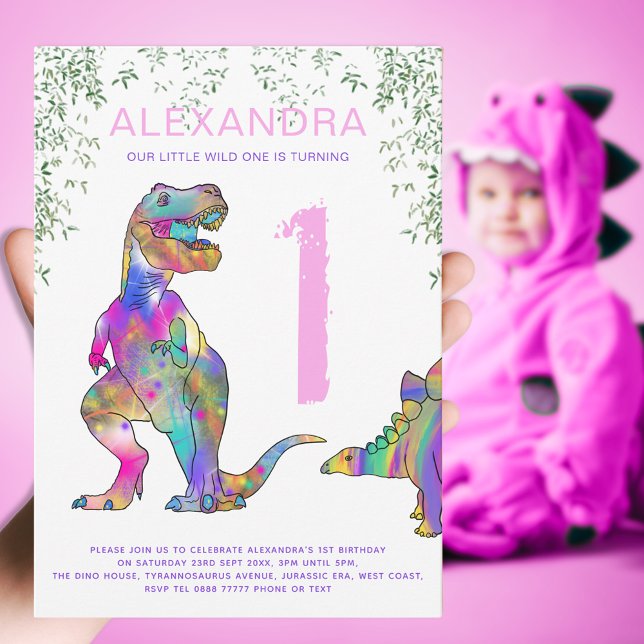 Colourful Dinosaur 1st Birthday Party Invitation (Wild one girls dinosaur 1st birthday invitation colorful T-Rex and stegosaurus pink typography )