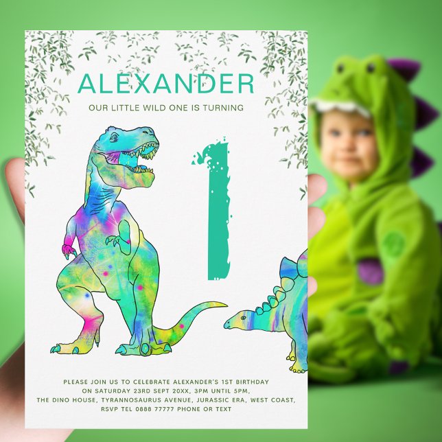 Colourful Dinosaur 1st Birthday Party Invitation (Wild one boy’s dinosaur 1st birthday party invitation colorful T-Rex and stegosaurus modern dino fun)