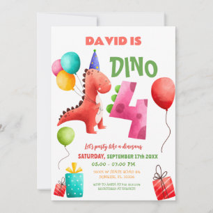 Colourful Dinosaur 4th Birthday Dino Party  Invitation