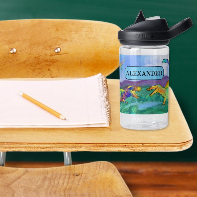Colourful Dinosaur add Name School Water Bottle (Dinosaur add name school water bottle colorful Jurassic watercolor T-Rex brontosaurus stegosaurus )