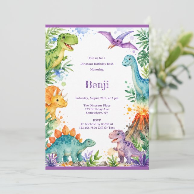 Colourful Dinosaur Birthday Bash Invitation (Standing Front)