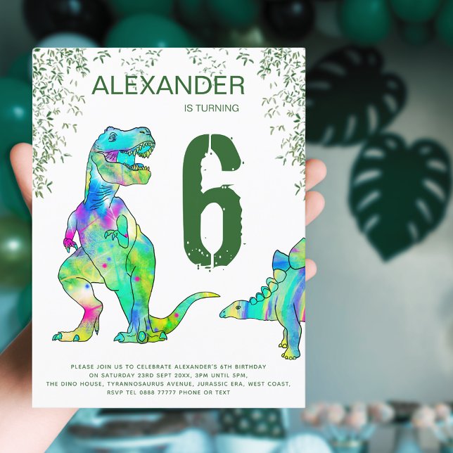 Colourful Dinosaur Birthday Party Budget Invitation Postcard (Colorful dinosaur 6th birthday party budget invitation with T-Rex and stegosaurus dino)