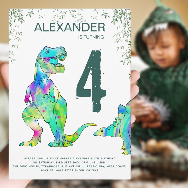Colourful Dinosaur Birthday Party Invitation (Dinosaur boys 4th birthday party invitation colorful T-Rex and Stegosaurus dino green jungle theme)