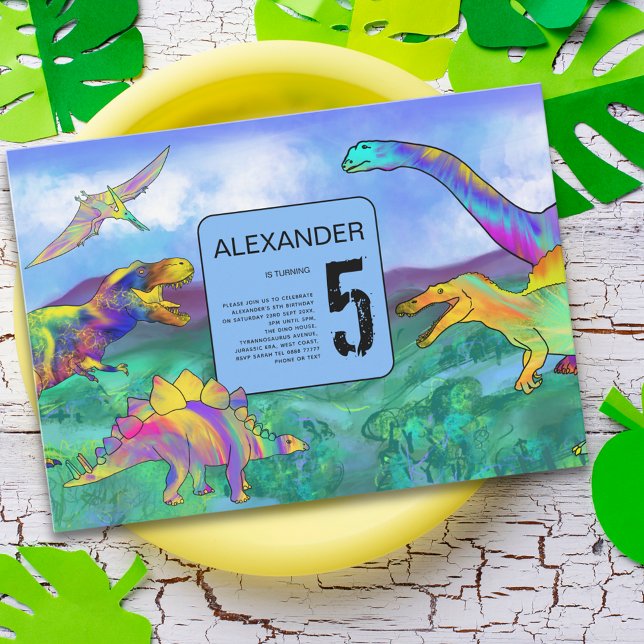 colourful dinosaur birthday party invitation (Dinosaur 5th birthday party invitation colorful watercolor T-Rex velociraptor stegosaurus pterodacty)