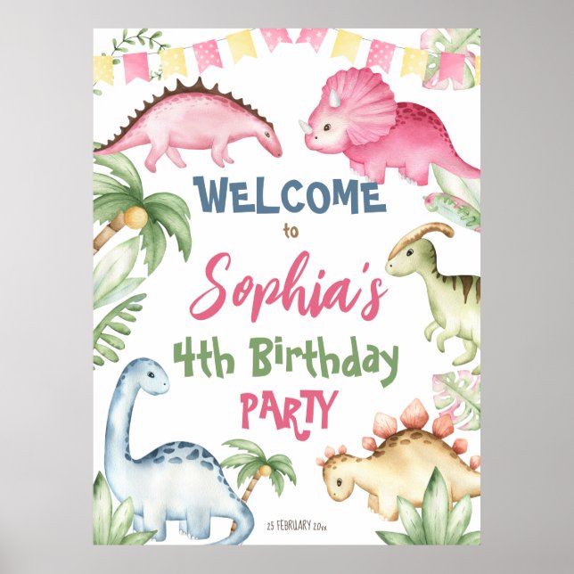 Colourful dinosaur birthday party welcome sign (Front)