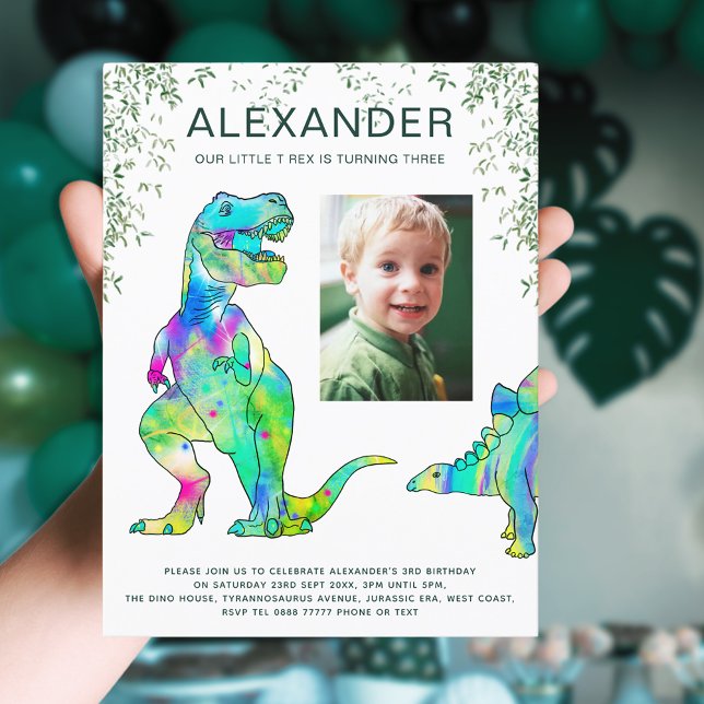 Colourful Dinosaur Boys 3rd Birthday Party Photo Invitation Postcard (dinosaur jungle 3rd birthday party invitation with photo template colorful T-rex and stegosaurus )