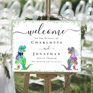 Colourful Dinosaur Bride & groom Wedding Welcome Poster