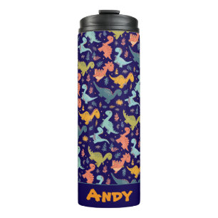 Colourful dinosaur cartoon blue pattern name thermal tumbler