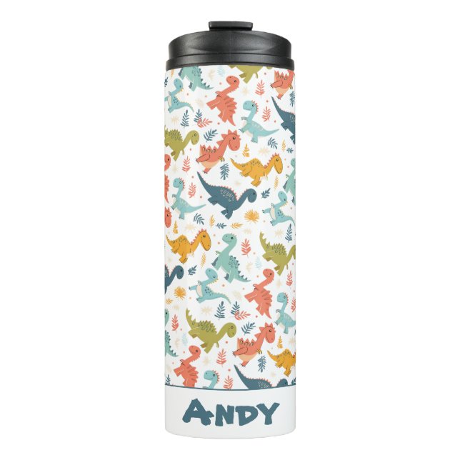 Colourful dinosaur cartoon cute pattern name  thermal tumbler (Front)