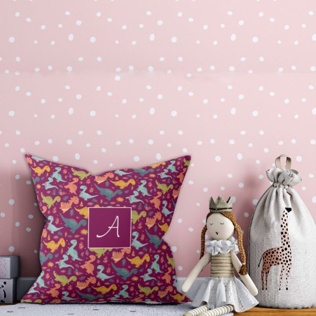 Colourful dinosaur cartoon cute pattern red name  cushion (Creator Uploaded)