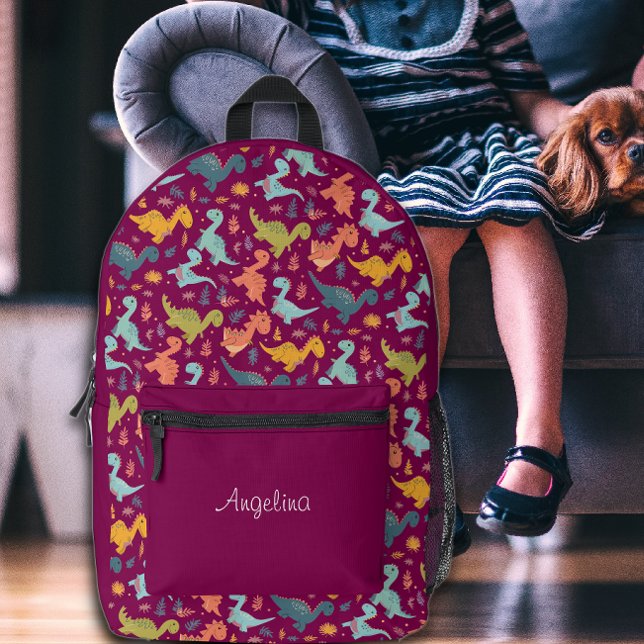 Colourful dinosaur cartoon cute pattern red name  printed backpack (Creator Uploaded)
