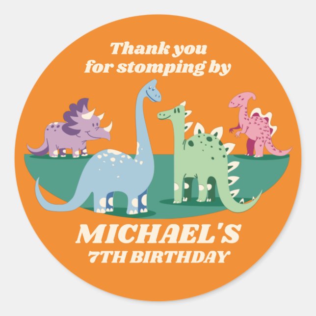 Colourful Dinosaur Cartoon Kids Birthday Party Classic Round Sticker (Front)