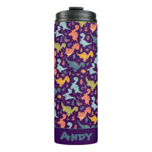 Colourful dinosaur cartoon  purple pattern name  thermal tumbler