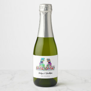 Colourful Dinosaur Gay Wedding T-Rex Two Grooms Sparkling Wine Label