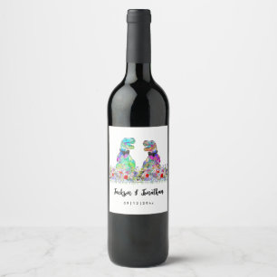 Colourful Dinosaur Gay Wedding T-Rex Two Grooms Wine Label