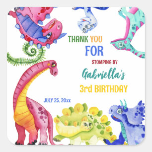 Colourful dinosaur kids birthday party personalise square sticker