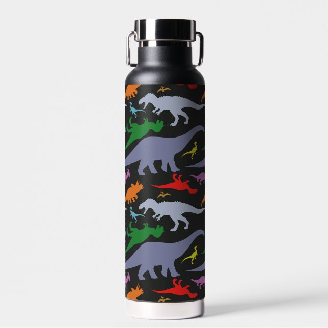 Colourful Dinosaur Pattern (Dark) Water Bottle (Front)