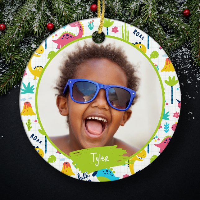 Colourful Dinosaur Pattern Kid Name Photo Christma Ceramic Tree Decoration (Creator Uploaded)