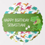 Colourful Dinosaur Pattern T-Rex Birthday Party Balloon<br><div class="desc">Does your little boy or girl love dinosaurs? This custom birthday party balloon is perfect! There's a big T-Rex, dinosaur footprints and your little kid's name on white, the text Happy Birthday, a green background, and a fun colourful dino pattern. This bday balloon makes a great personalised addition to your...</div>